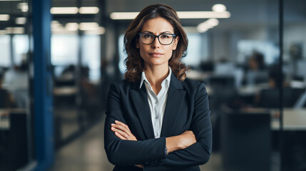 Thoughtful business woman standing with crossed arms. Woman in her 40's working in an office. ai generative