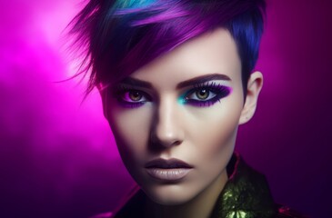 Woman makeup closeup. Attractive girl with bright colorful makeup. Generate ai