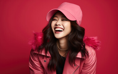 Laughing beauty girl wearing color clothes on solid color background.
