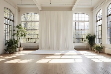 Realistic photo of bright apartment hall with big windows and light hall inside. Empty room with wooden floor