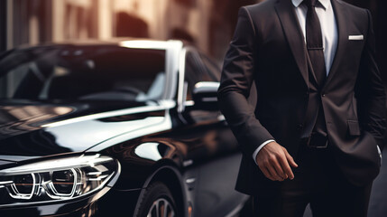 Professional driver near luxury car, close up. Chauffeur service. ai generative - obrazy, fototapety, plakaty