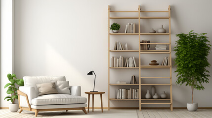 Fototapeta na wymiar minimalistic living room with and set up a library ladder