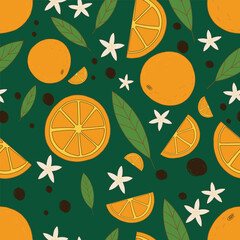 Seamless pattern. Orange juicy fruits leaves and flowers on shabby background.