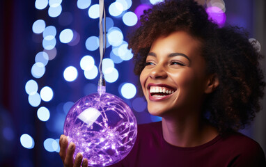 Fototapeta premium Laughing beauty girl with color clothes on Christmas background.