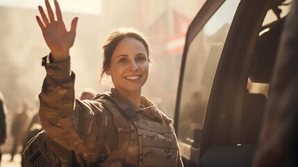 Happy servicewoman waving her hand on her homecoming. ai generative - obrazy, fototapety, plakaty