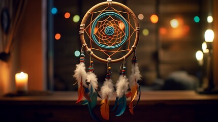 A dream catcher hangs in the room's color. - obrazy, fototapety, plakaty