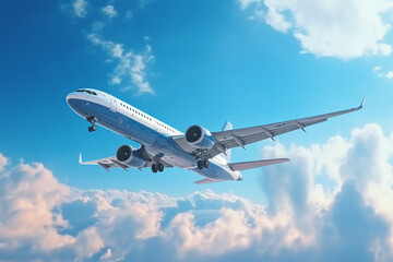 Naklejka na ściany i meble Passenger airplane flying on blue sky, low angle view