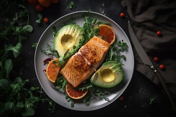 Top view of dish grilled salmon steak with avocado and tomatoes, herbs citrine, menu recipe background, cooking book idea, generative ai