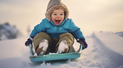 happy child slides down a snow slide on a sled. ai generative