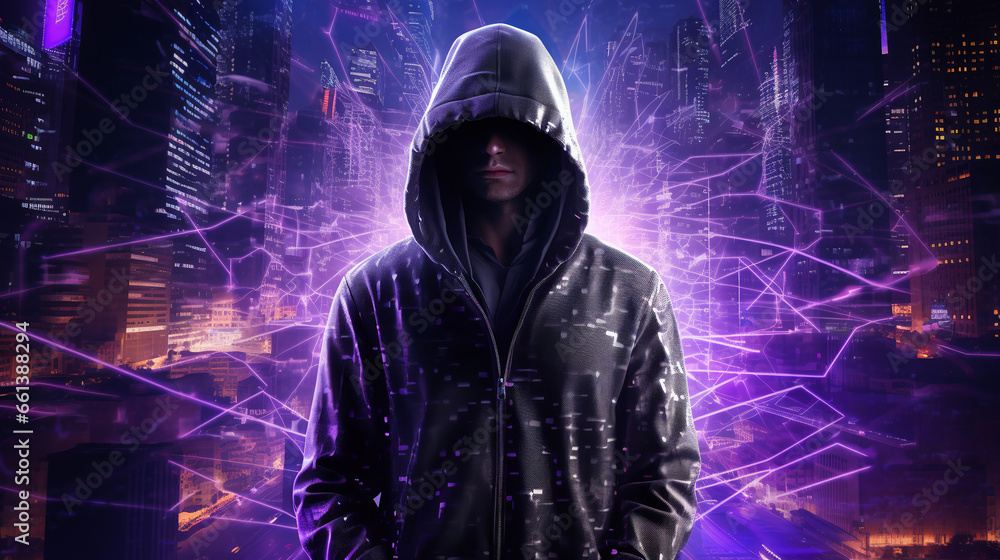 Aufkleber computer hacker in a hoodie on an abstract city background. data theft, internet fraud, darknet and 