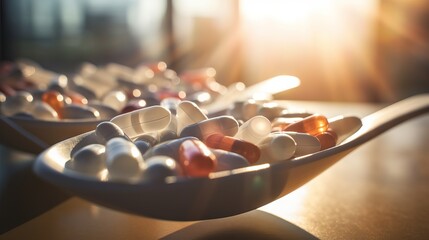 Pills on a plastic spoon: A close-up of different colored capsules and tablets on a white plastic spoon isolated on a blur background