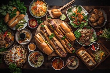 top view of assorted vietnamese dishes, generative ai - obrazy, fototapety, plakaty