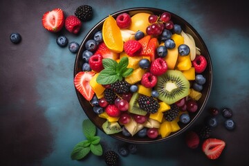 Bowl of colorful fruit salad, light sunny background, top view, natural nutrition, generative ai - obrazy, fototapety, plakaty