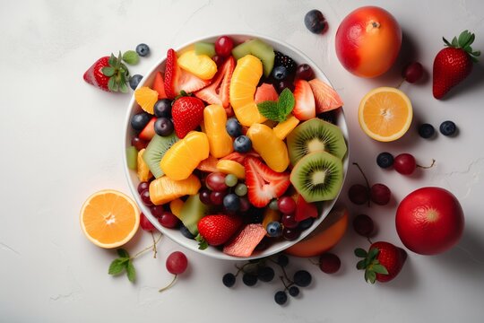 Bowl of colorful fruit salad, light sunny background, top view, natural nutrition, generative ai