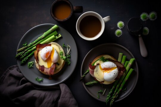 top view of eggs Benedict and green asparagus, generative ai