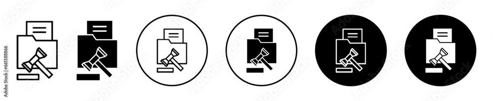 Poster court folder with judge gavel icon. jurisdictional legal document or judge statement record file arc