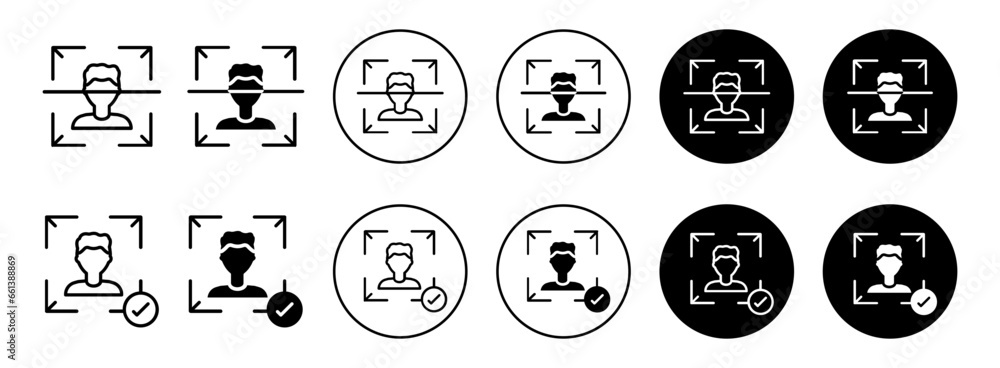 Poster face id scanner with check mark icon. human facial expression detector or scanner symbol set. face i