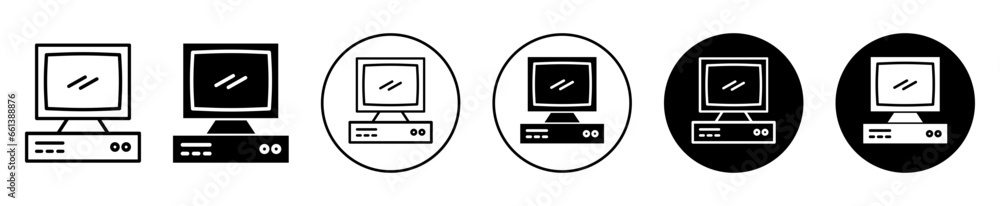 Poster old computer icon. vintage antique electronic computer desktop device symbol set. old computer hardw