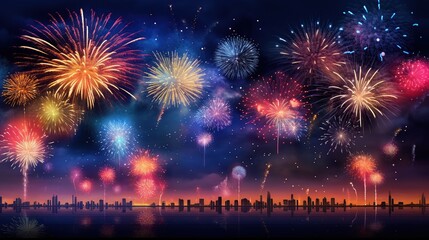 Fototapeta na wymiar Beautiful fireworks new year celebration at city night. AI generated image