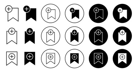 Add bookmark icon. New bookmark website page to save for later use symbol set. Add bookmark ribbon strip with plus sign vector. Browser book page with tag mark line logo. Add favorite bookmark button