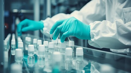 Hand in gloves inspecting medical vials on a pharmaceutical production line, close-up view of machine and glass bottles