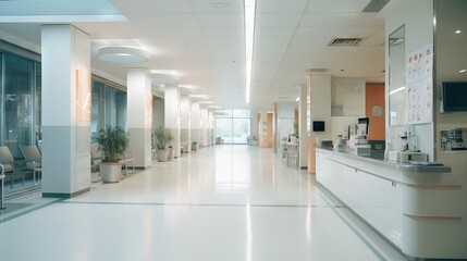 Hospital hallway with reception desk and clinic sign in blurred background