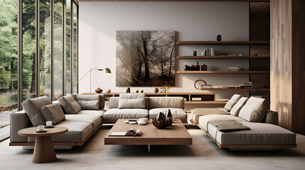 Naklejka premium living room with minimalistic furniture and cleant lined furniture