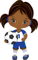Cute Little African American Girl Playing Soccer. Vector Football Player