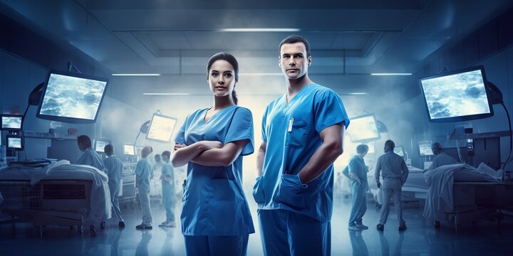 Close-up shot of medical doctor ER team, surgeon and anesthetist working together in a hospital room for emergency nursing care, professional teamwork and patient trust concept