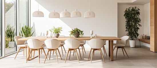 Neutral modern dining room design in a new house With copyspace for text