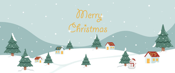 Fototapeta na wymiar Winter landscape with Christmas trees. Festive horizontal banner with text Merry Christmas. snowfall and snowman.