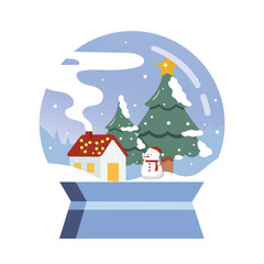 Fototapeta na wymiar Glass snow globe with trees and house design. Festive Christmas object. Christmas snow globe, Snowball and snowman. 