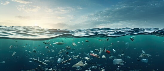 Ocean pollution caused by plastic bottles and trash With copyspace for text - obrazy, fototapety, plakaty
