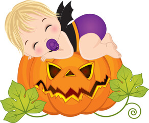 Vector Little Caucasian Baby Boy in Halloween Costume Sleeping on Pumpkin
