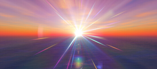 Fototapeta na wymiar sunset calmly sea sun ray 3d render illustration