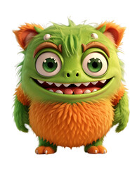 Naklejka premium Cute and funny green monster 3D cartoon character on transparent background. Generative Ai.