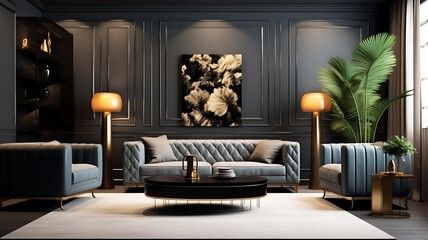Modern living room interior design with black walls and gray sofa luxury 3d rendering 