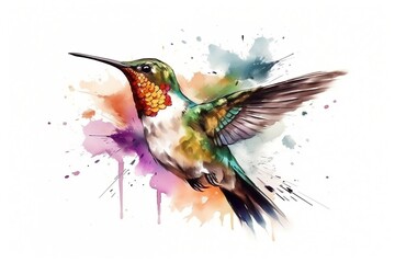 Obraz premium Watercolor Hummingbird on white isolated background, wallpaper design, generative ai