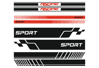 Sport car decal stripes. Speed lines, racing tuning strips and car sticker vector set. Yellow vehicle marking elements for transport modifying isolated on black. Automobile identity
