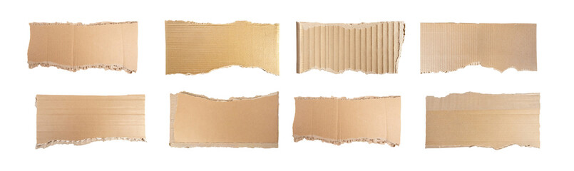 Collection of brown paper ripped messages torn with copy space, ripped kraft paper wallpaper, and brown wrapping vintage paper isolated top view, isolated on a transparent background. PNG, cutout, 
