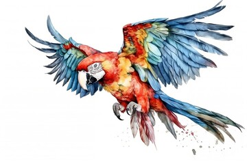 Watercolor Macaw on white isolated background, wallpaper design, generative ai