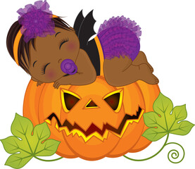 Vector Little African American Baby Girl in Halloween Costume Sleeping on Pumpkin