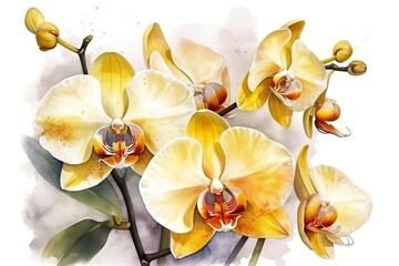 Watercolor Orchids flower on white isolated background, wallpaper, generative ai