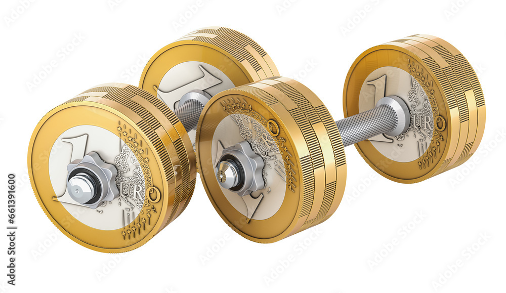 Aufkleber dumbbells with euro coins as a weight disks, 3d rendering isolated on transparent background