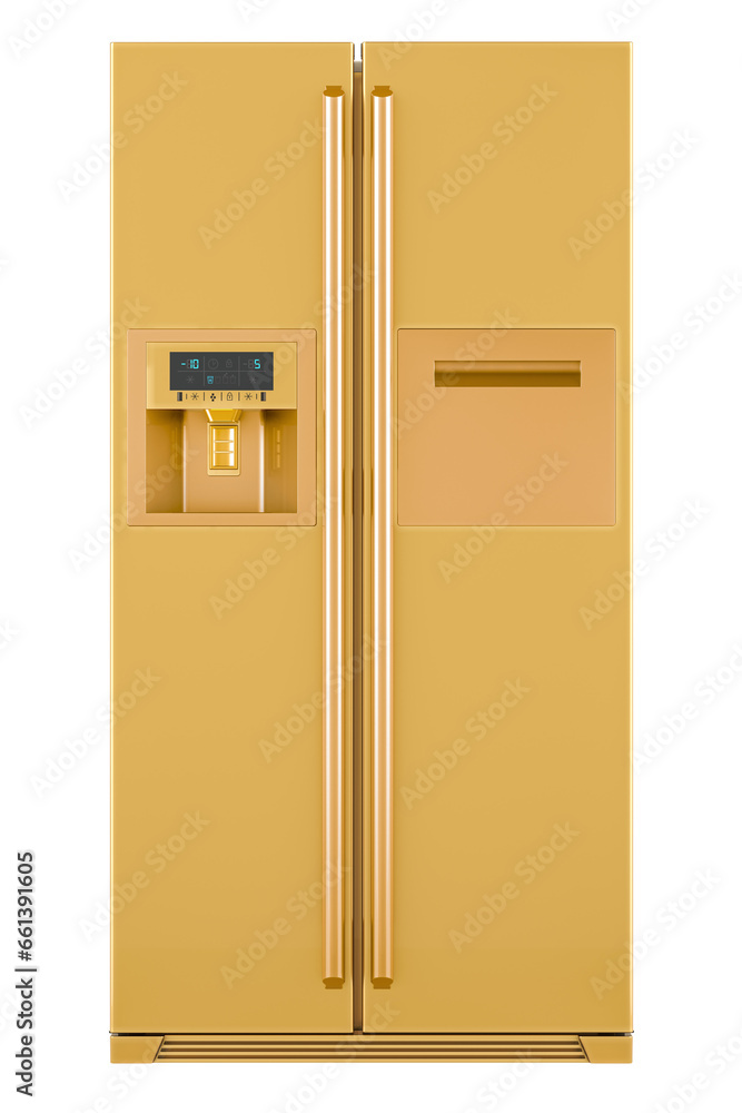 Poster golden fridge with side-by-side door system, 3d rendering isolated on transparent background