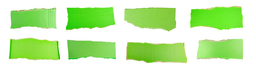 Collection of green torn paper ripped messages with copy space, ripped kraft paper wallpaper, and green wrapping vintage paper isolated top view, isolated on a transparent background. PNG, cutout,