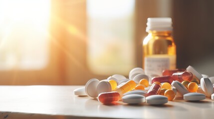 Prescription opioids addiction and overdose: a bottle of pills on a mirror table reflecting the concept of medicine shopping