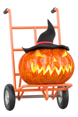 Hand truck with Halloween Pumpkin, 3D rendering isolated on transparent background