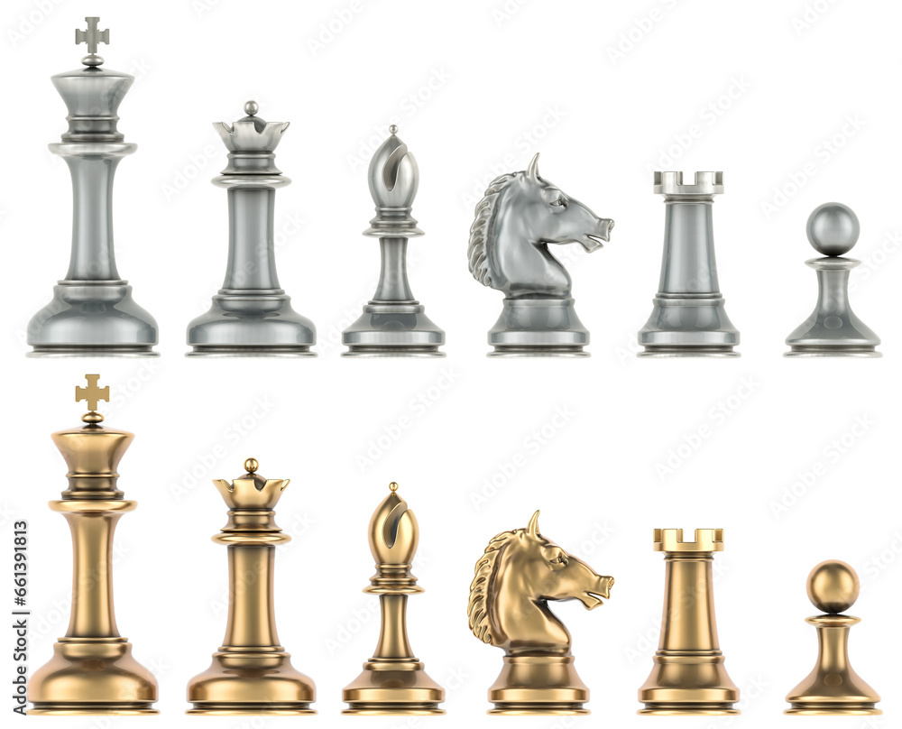Poster chess figures from metal, 3d rendering isolated on transparent background
