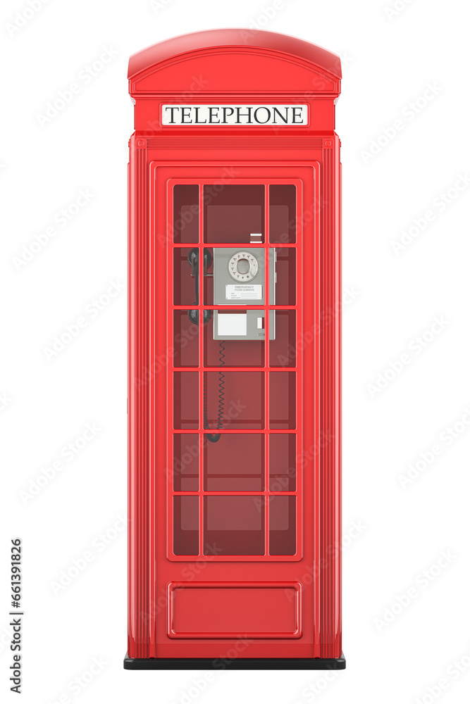 Aufkleber red telephone box, front view. 3d rendering isolated on transparent background